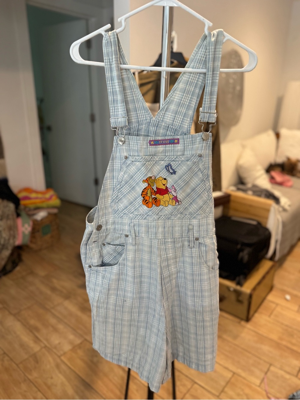 Disney Light Blue Plaid Winnie the Pooh & Tigger Short Overalls